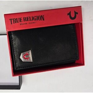True Religion Mens Black Wallet Red Graves Leather Bifold New In Box